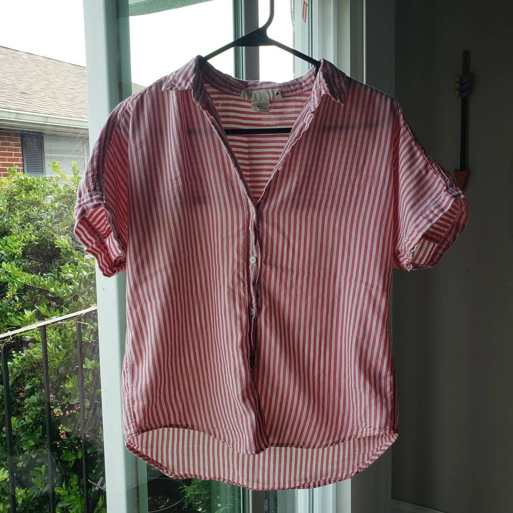 L.O.G.G. H&M Red White Striped Short Sleeve Button Down Shirt Womens Size 0